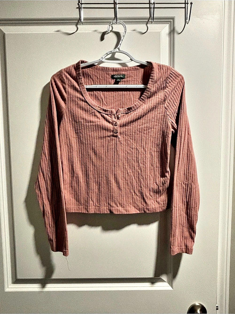 Wild Fable Ribbed Long Sleeve Button Front Crop Top Pink Small